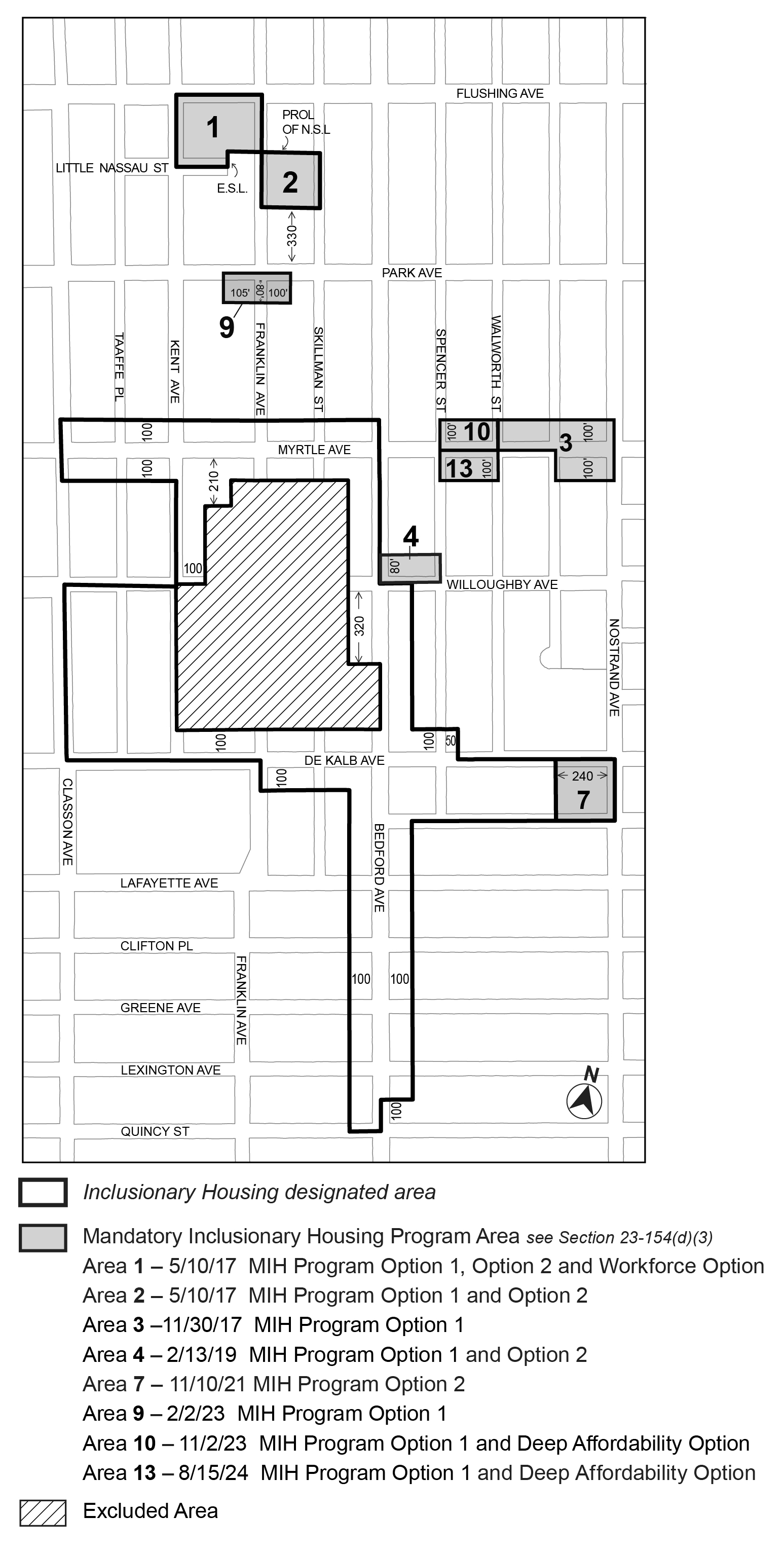 APPENDIX F, BK CD 3, Map 3, MIH area 13 (Option 1, Deep Affordability Option) added per 712 Myrtle Avenue (N 230259 ZRK