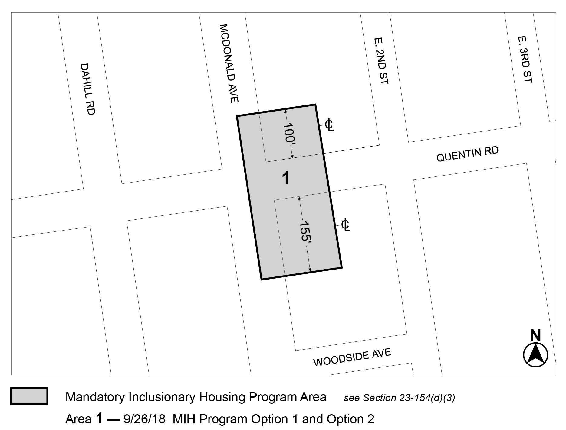APPENDIX F, Brooklyn CD 15, Map 1, MIH area 1 (Option 1, Option 2) per 1881-1883 McDonald Avenue (N 180030 ZRK) adopted 26 September 2018