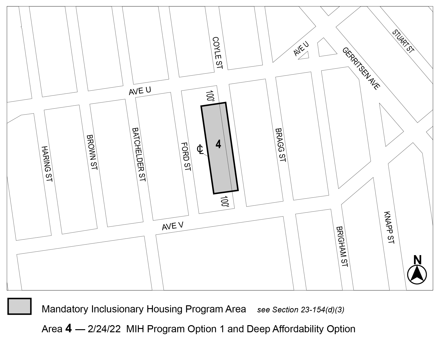APPENDIX F, Brooklyn CD 15, Map 4, Area 4 (Option 1, Deep Affordability Option 2) per 2134 Coyle Street (N 210240 ZRK) adopted 24 February 2022