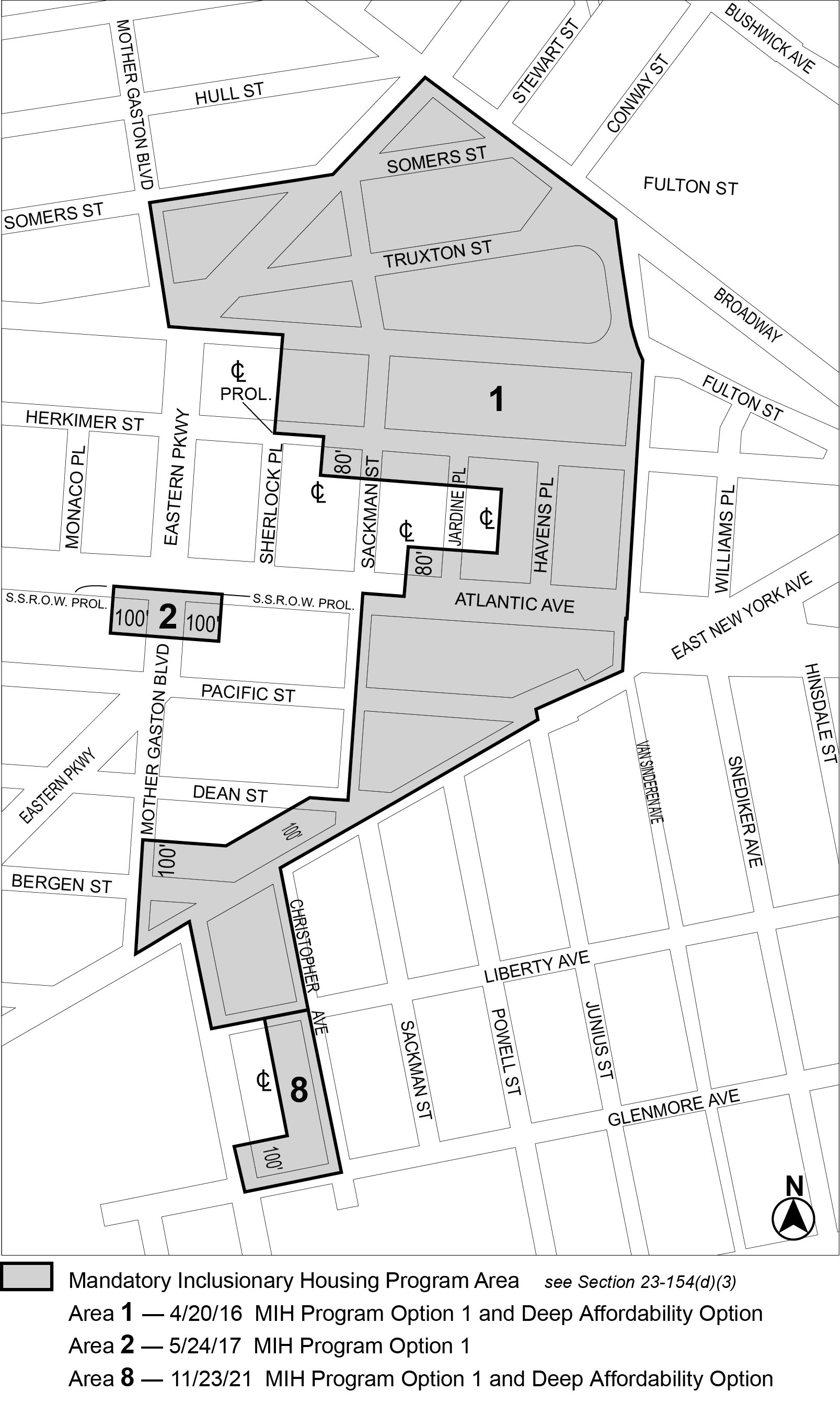 APPENDIX F, Brooklyn CD 16, Map 1, MIH areas 1, 2, 8 effective date 23 November 2021