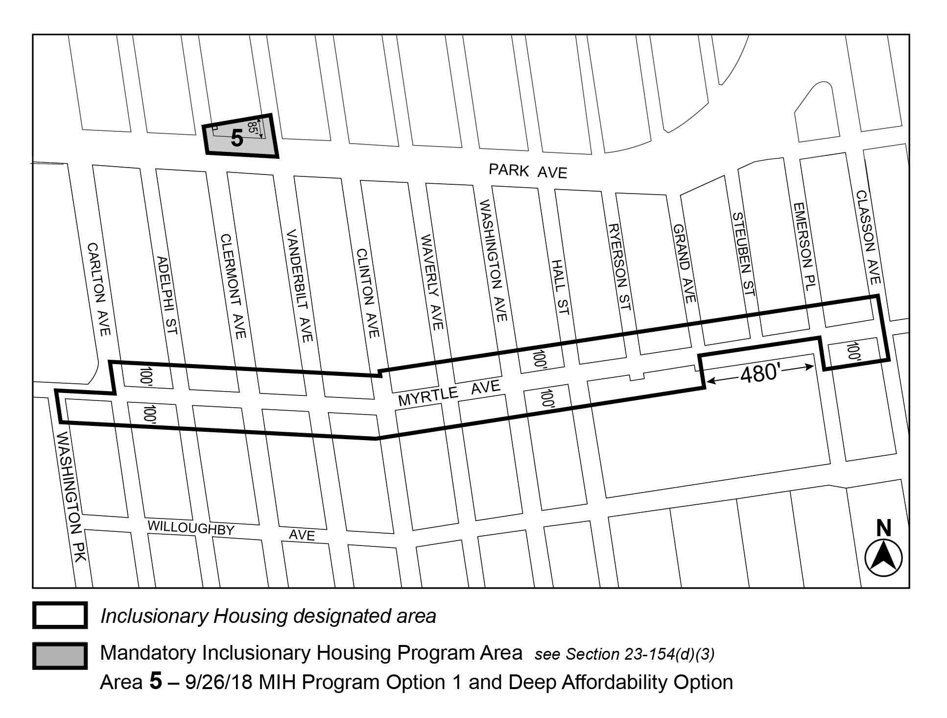 APPENDIX F, Brooklyn CD 2, Map 1, Area 5 (Option 1, Deep Affordability Option) per 205 park Avenue (N 170165 ZRK) adopted 26 September 2018