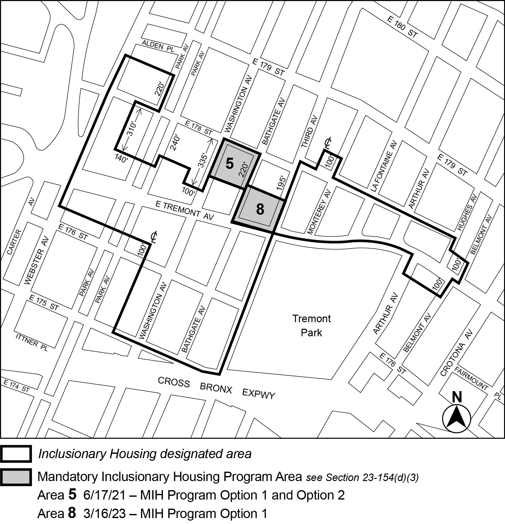 APPENDIX F, BX CD 6 Map 3 MIH areas 3 and 8, last adopted per 521 East Tremont Avenue (N 220307 ZRX) adopted 16 March 2023
