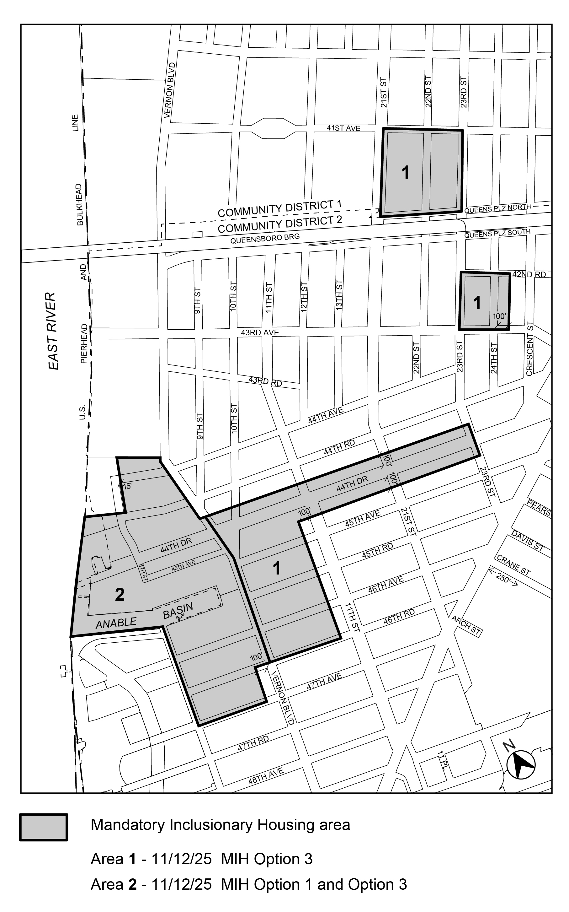 APPENDIX F, Queens CDs 1 and 2, Map 1, MIH areas 1 and 2, per Long Island City Neighborhood Plan (N 250177 ZRQ), adopted 12th Nov. 2025