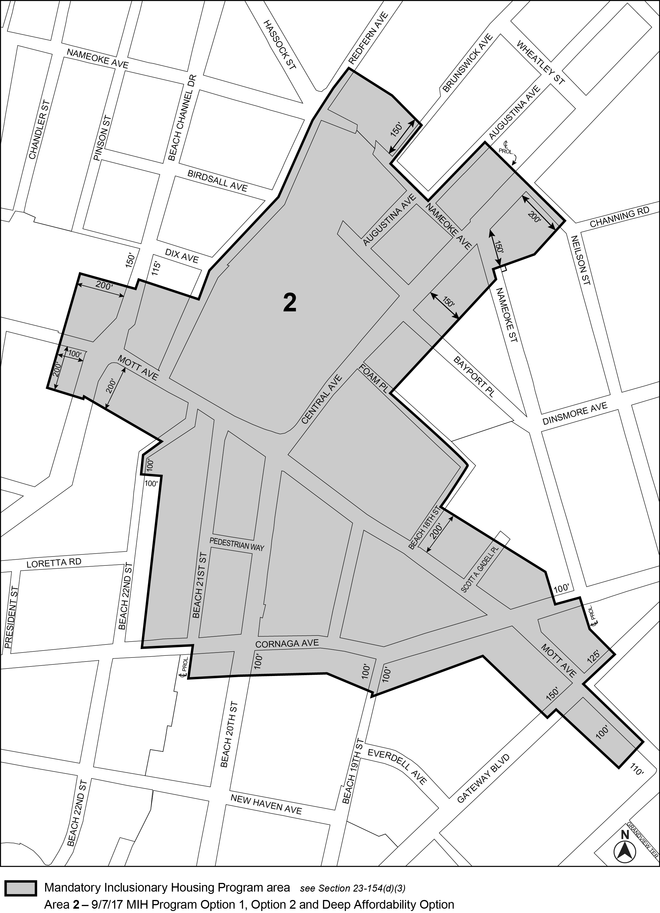 APPENDIX F, Queens CD 14, Map 2, MIH area 2 (Option 1, Option 2, Deep Affordability Option ) added per Downtown Far Rockaway Development Plan (a.k.a. Special Downtown Far Rockaway District; N 170244(A) ZRQ), adopted 7 September 2017