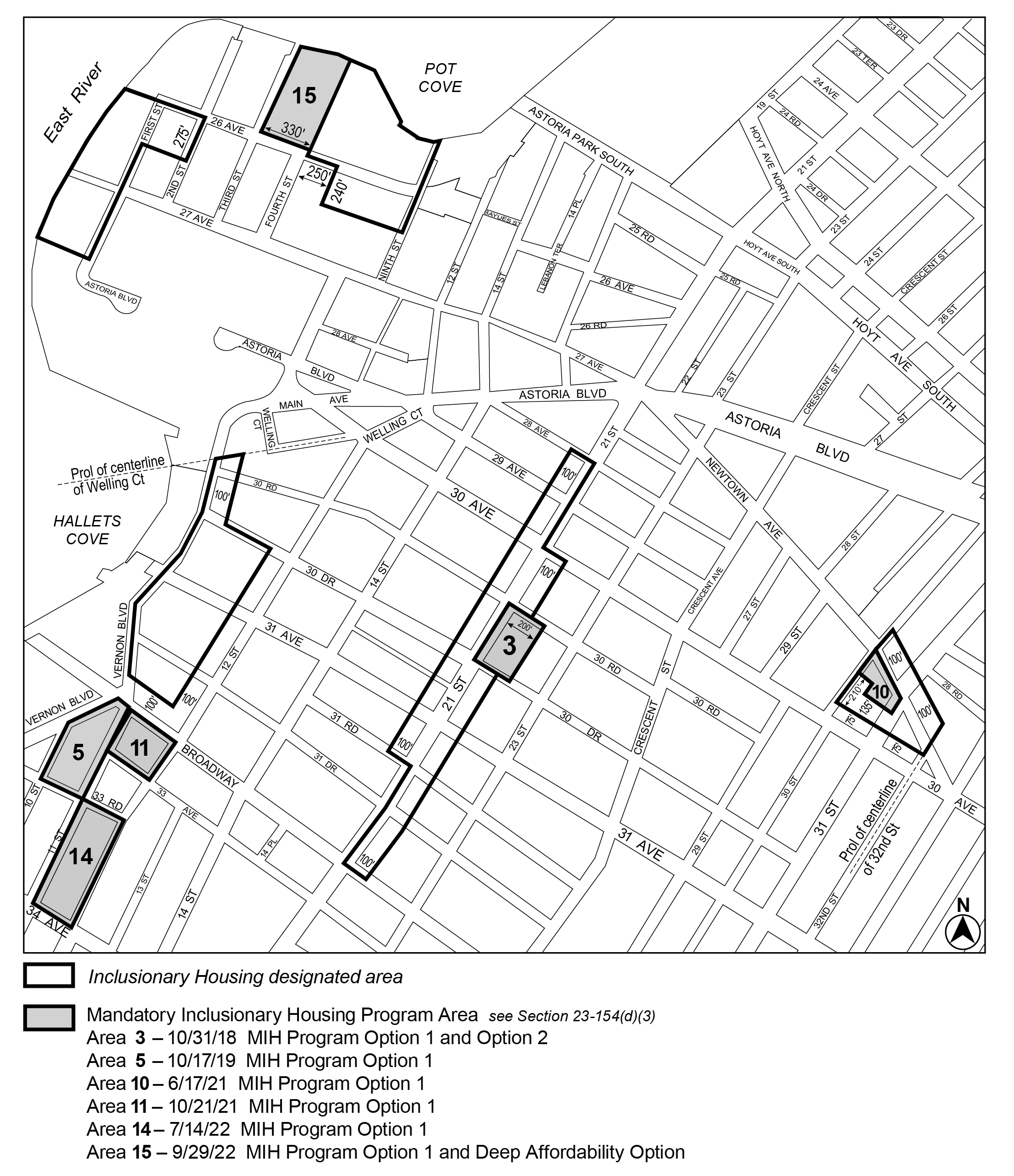 APPENDIX F, Queens CD 1, Map 1, MIH areas 3, 5, 10, 11, 14, 15, effective date 29 September 2022