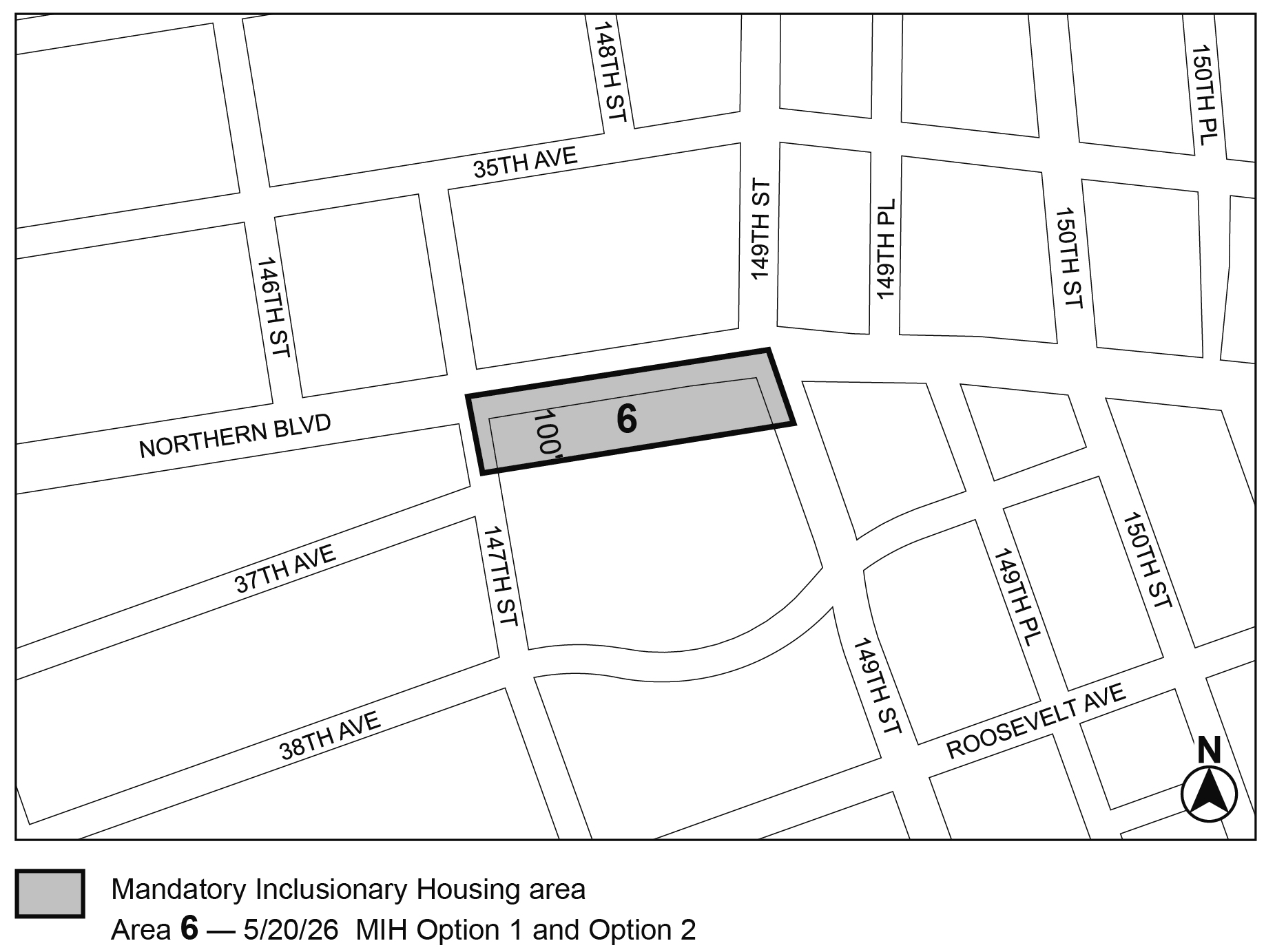 APPENDIX F, Queens CD 7, Map 6, MIH area 6, per <a class='sec-link-inline' target='_blank' href='/article-xiv/chapter-7#147-14'><span>147-14</span></a> Northern Boulevard (N 220416 ZRQ) adopted by City Council, 20th May, 2026