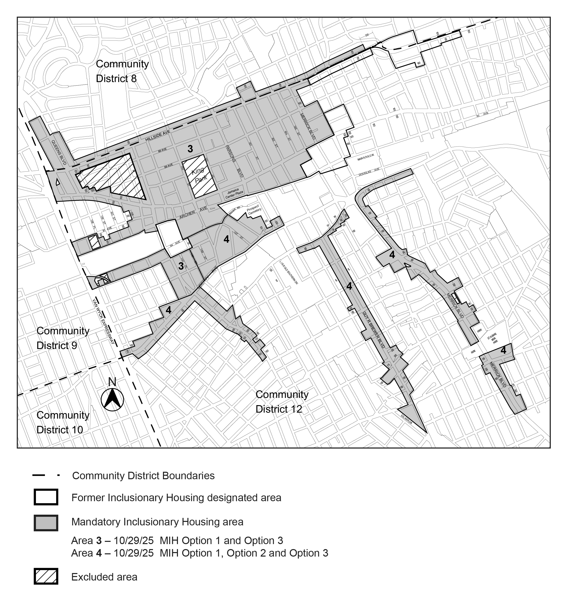 APPENDIX F, Queens CDs 8 and 12, Map 1, MIH areas 3 and 4, per Jamaica Neighborhood Plan (N 250173 ZRQ, adopted 29 October, 2025)