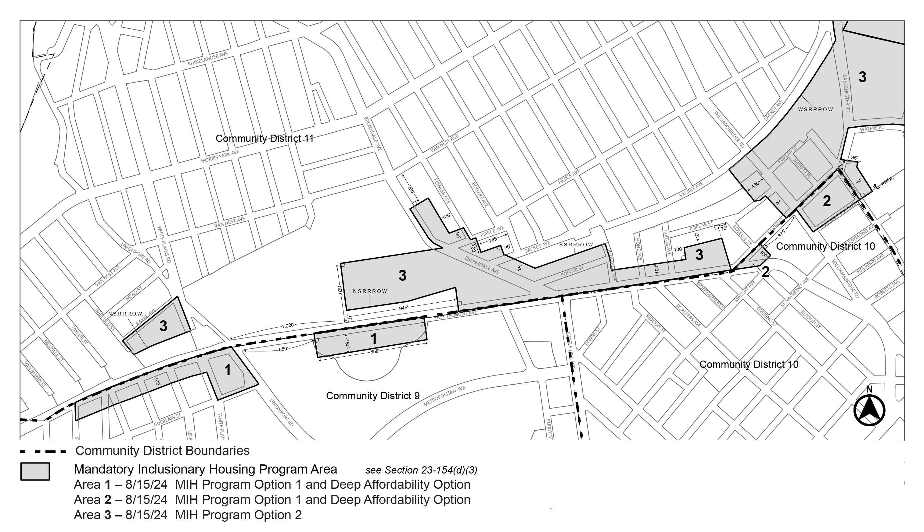  APPENDIX F, The Bronx CDs 9, 10 and 11, Map 1, MIH area 1 (Option 1 and Deep Aff. Option), area 2 (Option 1 and Deep Aff. Option), area 3 (Option 2) per Special Eastchester-East Tremont Corridor District text amendment (N 240016 ZRX), adopted 15 August, 2024