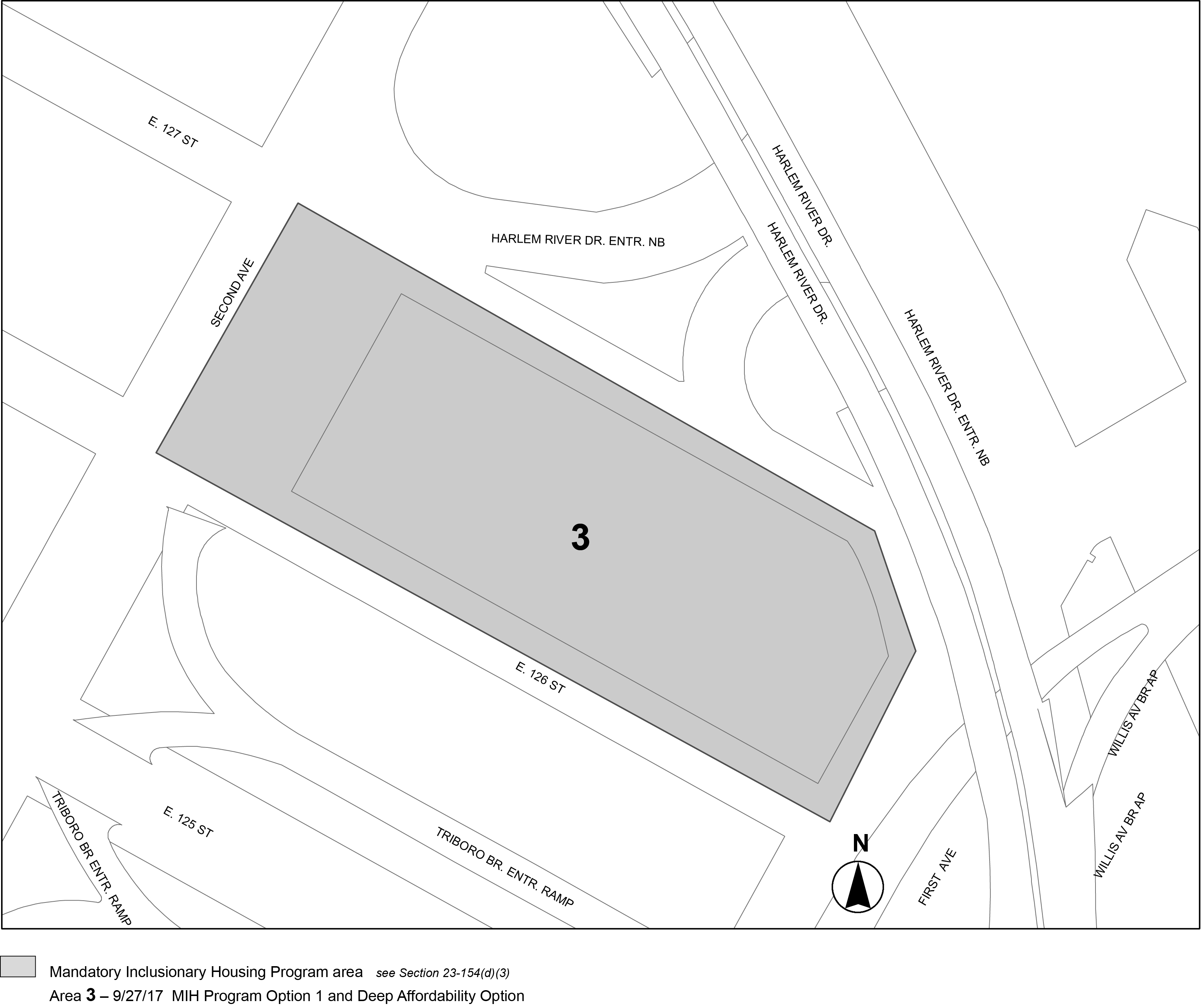APPENDIX F, Manhattan CD 11, Map 3, Area 3 (Option 1, Deep Affordability Option) per 126 St Bus Depot text amendment (N 170276 ZRM) adopted 27 September, 2017