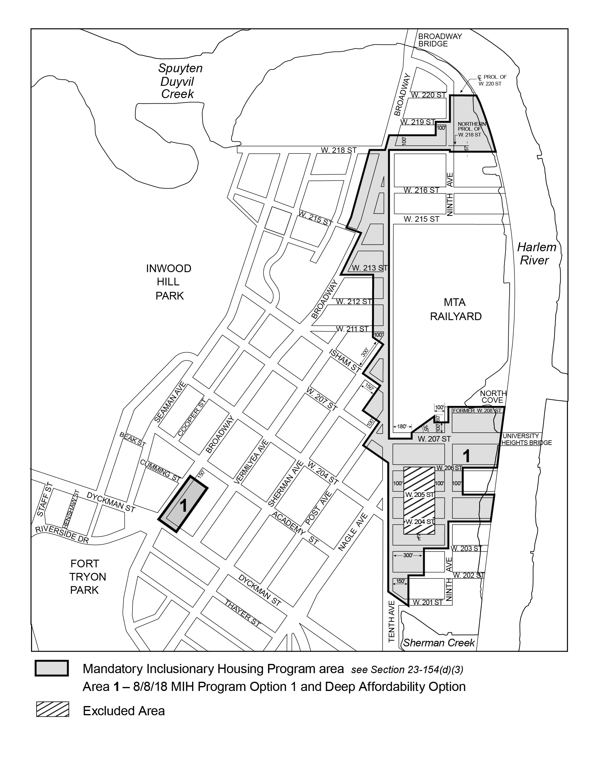 APPENDIX F, Manhattan CD 12, Map 1, MIH area 1 (Option 1, Deep Affordability Option) per Special Inwood District Rezoning (N 180205(A) ZRM) adopted 8 August l 2018