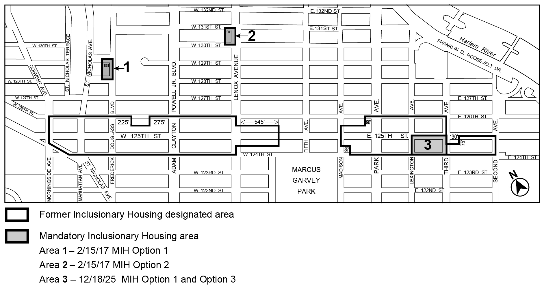 APPENDIX F, Manhattan CD 9, 10, 11, Map 1, MIH area 3, per MTA 125th St Lexington Ave (N 250301 ZRM), adopted 18th Dec. 2025