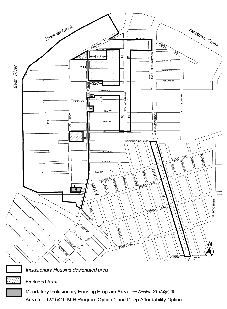 Brooklyn CD 1, Map 1, MIH area 5 (Option 1 and Deep Affordability Option), adopted per 79 Quay St text amendment (N 210167 ZRK; 15th Dec 2021)