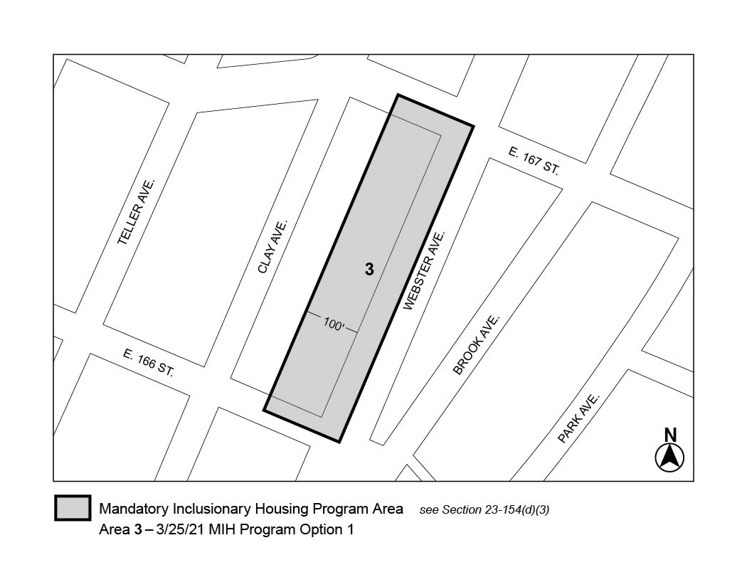 APPENDIX F, Bronx CD 4, Map 3, MIH area 3, Option 1 (N 210104 ZRX, adopted by City Council 25th March, 2021) 