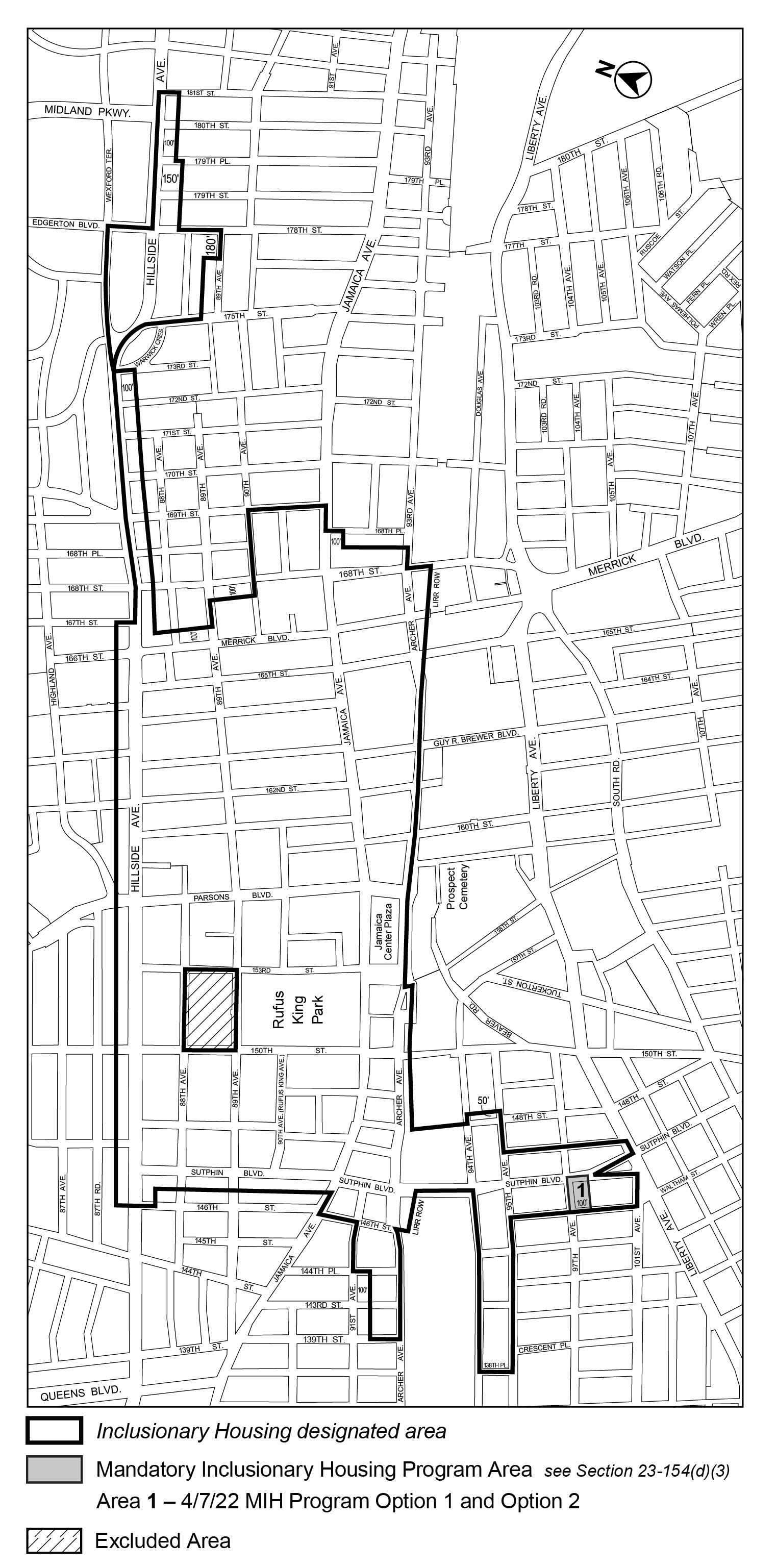 APPENDIX F, Queens CD 8 and 12, Map 1 with Area 1 (Option 1, Option 2) added per  <a class='sec-link-inline' target='_blank' href='/article-ix/chapter-7#97-04'><span>97-04</span></a> Sutphin Blvd (N 210214 ZRQ), adopted 7 April 2022