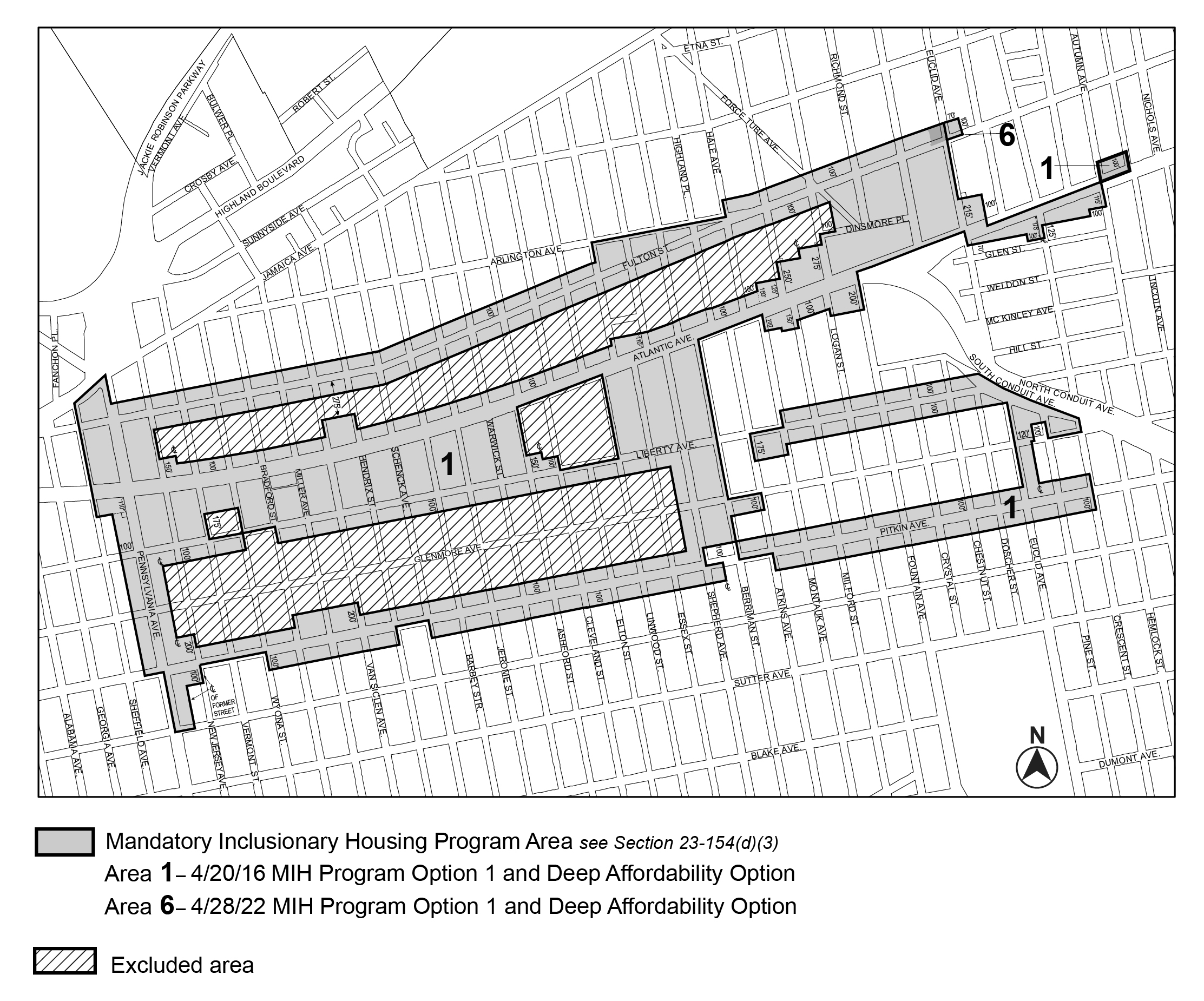 APPENDIX F, Brooklyn CD 5, Map 1, with Area 6 (Option 1, Deep Affordability Option) added per 3285 Fulton Street (N 220112 ZRK), adopted 28 April 2022