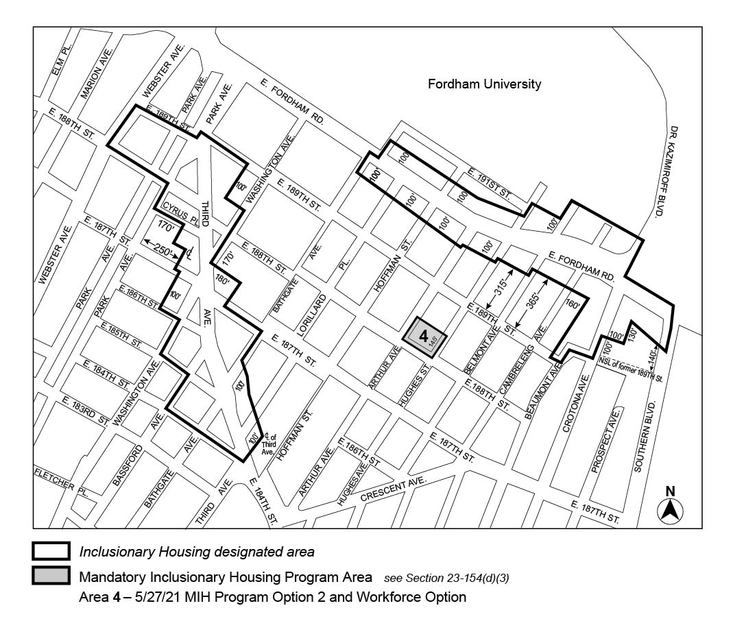 CD6, Map 1, Area 4, Option 2 and Workforce Option (N 210028 ZRX, Arthur Avenue Hotel, 27 May, 2021)